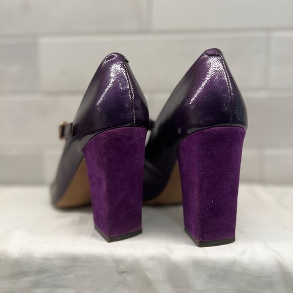 VINCE CAMUTO Vionet Mary Jane Eggplant Patent Leather Pumps Suede Heel Size 6.5 - Picture 3 of 8